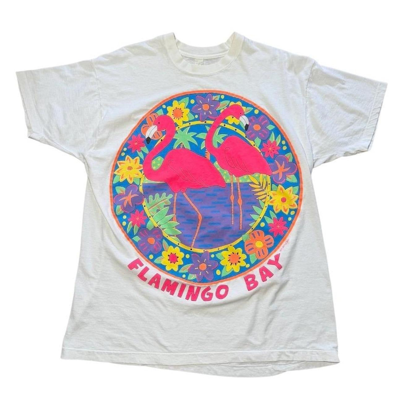 90s Flamingo Bay Puff Print Floral Hippie Nature Animal Graphic T-shirt