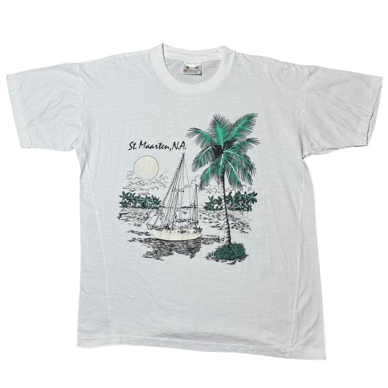 1980s St. Maarten Tropical Palm Tree Ocean Beach Graphic Souvenir Tee