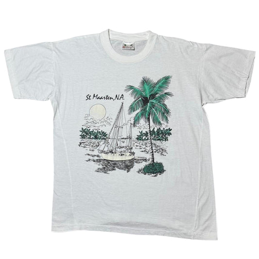 1980s St. Maarten Tropical Palm Tree Ocean Beach Graphic Souvenir Tee