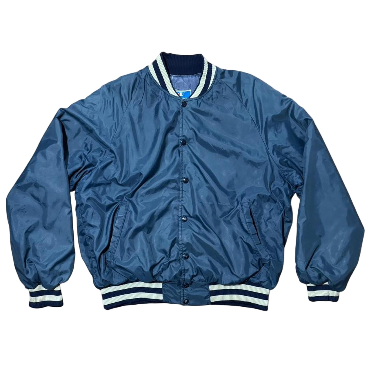 80s Navy Blue Distressed Champion Snap Bomber Varsity