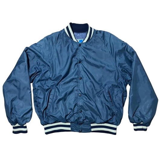 80s Navy Blue Distressed Champion Snap Bomber Varsity