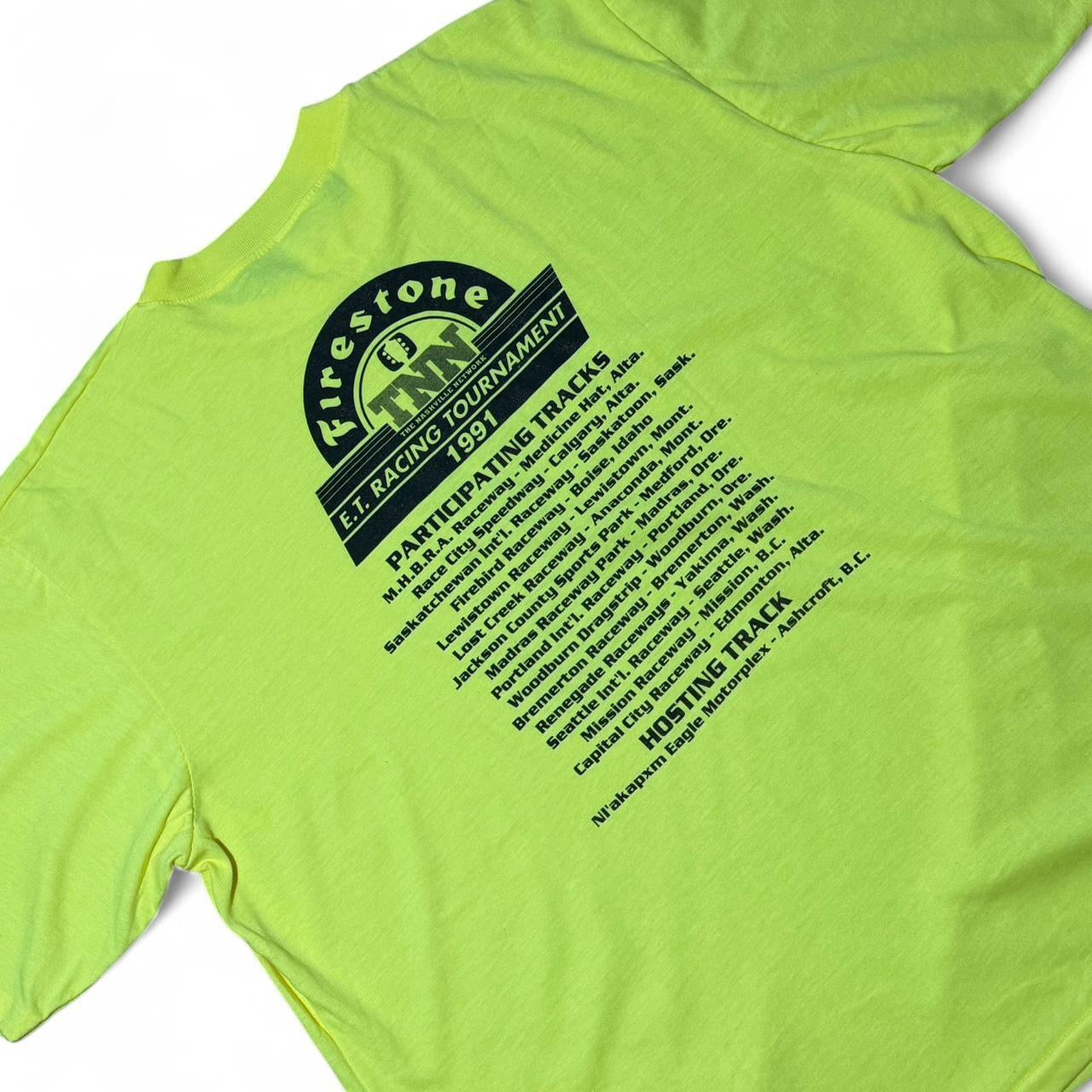 Vintage 1991 Firestone Lime Yellow Eagle Motorsports Racing T-shirt
