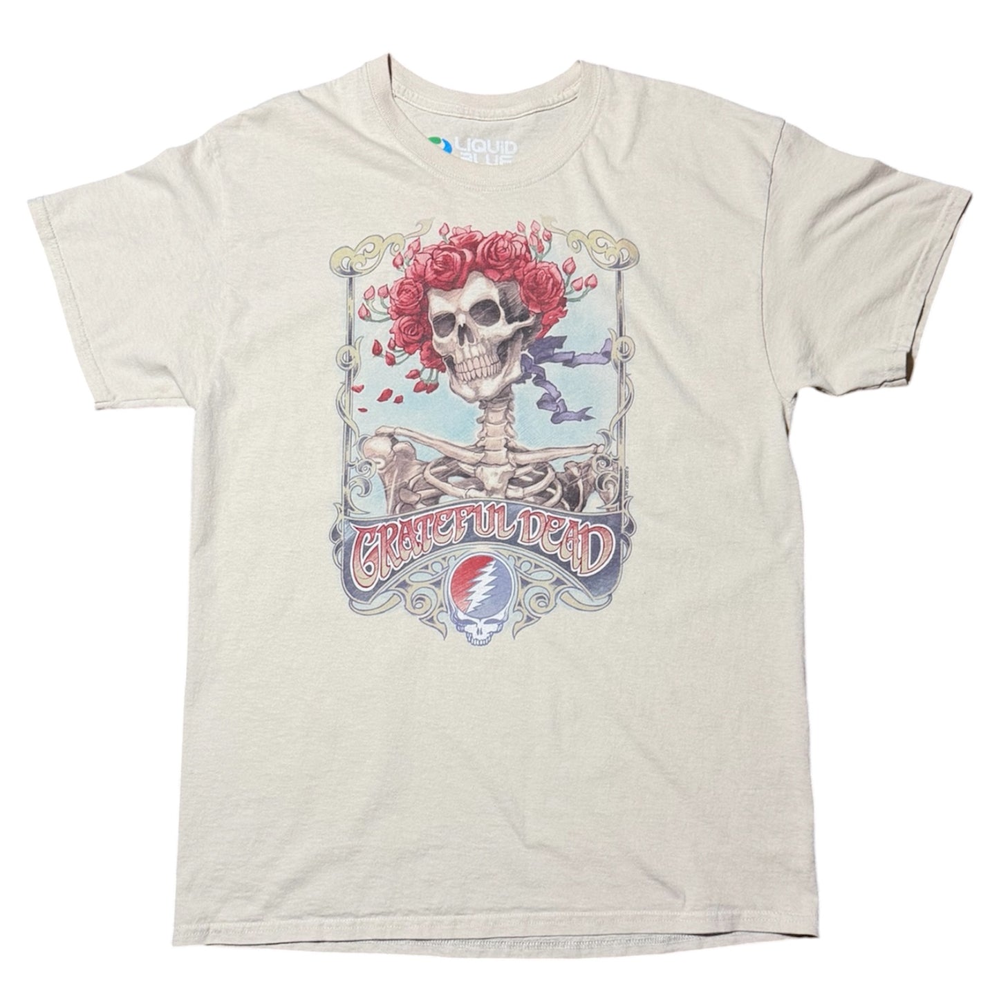 Y2K Liquid Blue Grateful Dead Bertha Skull Roses Graphic Band T-Shirt