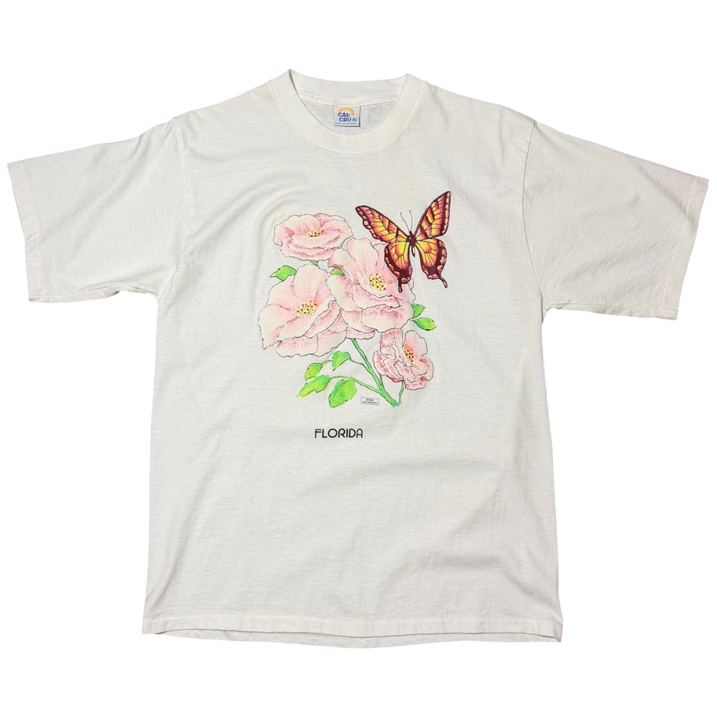 80s Florida State Butterfly Flower Puff Print Graphic Souvenir T-shirt