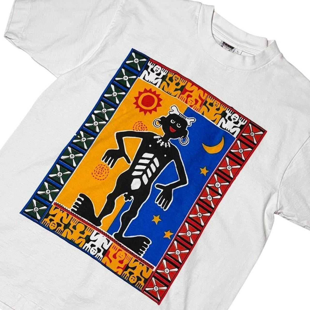 90s Primitive Bali Tribal Art Haring Graphic Travel Souvenir T-Shirt