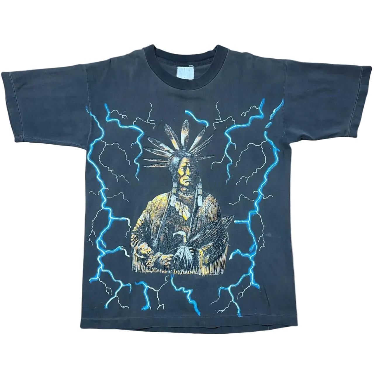 Vintage 90s Lightning Bolt Aboriginal Native Chief Thunder T-Shirt