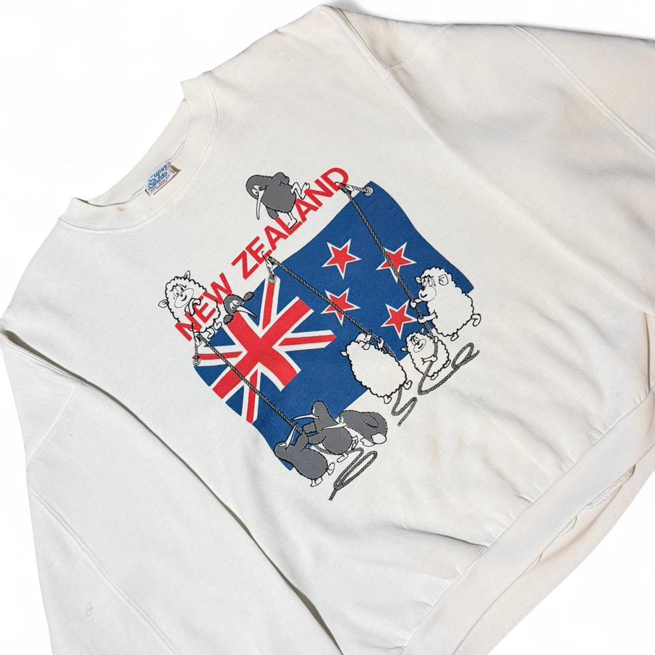 80s New Zealand Flag Sheep Animal Souvenir Pullover Crewneck