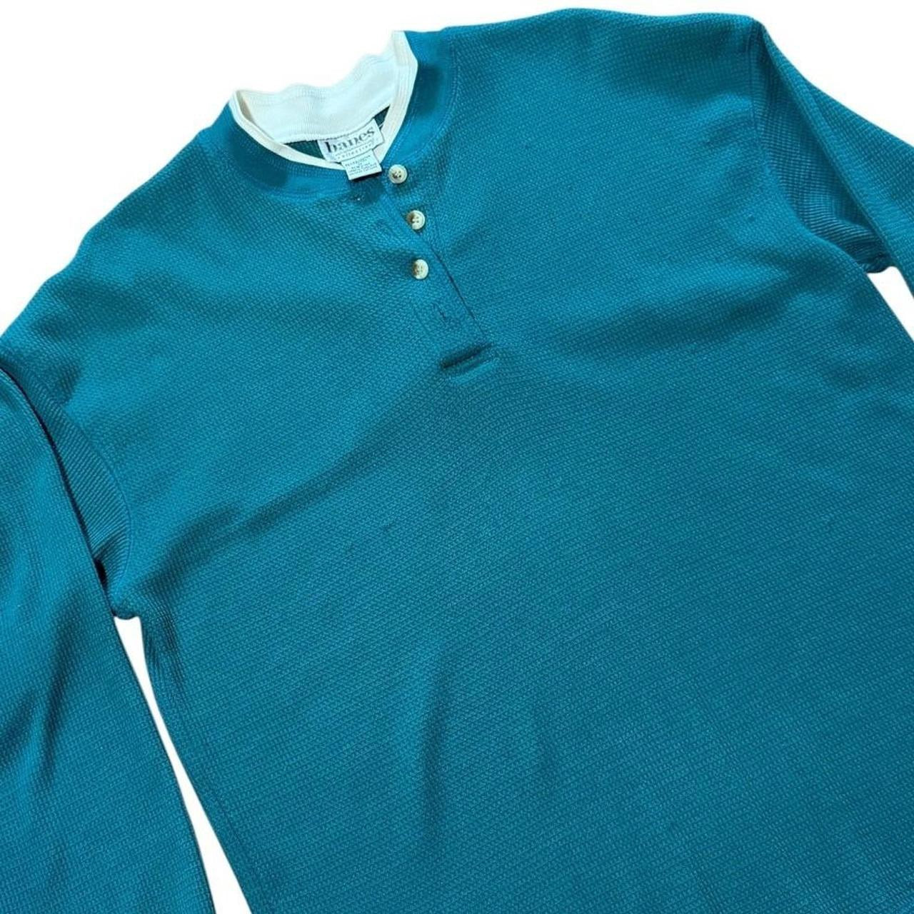 90s Teal Waffle Knit Henley Floral Trim Layer Collar Thermal Long Sleeve