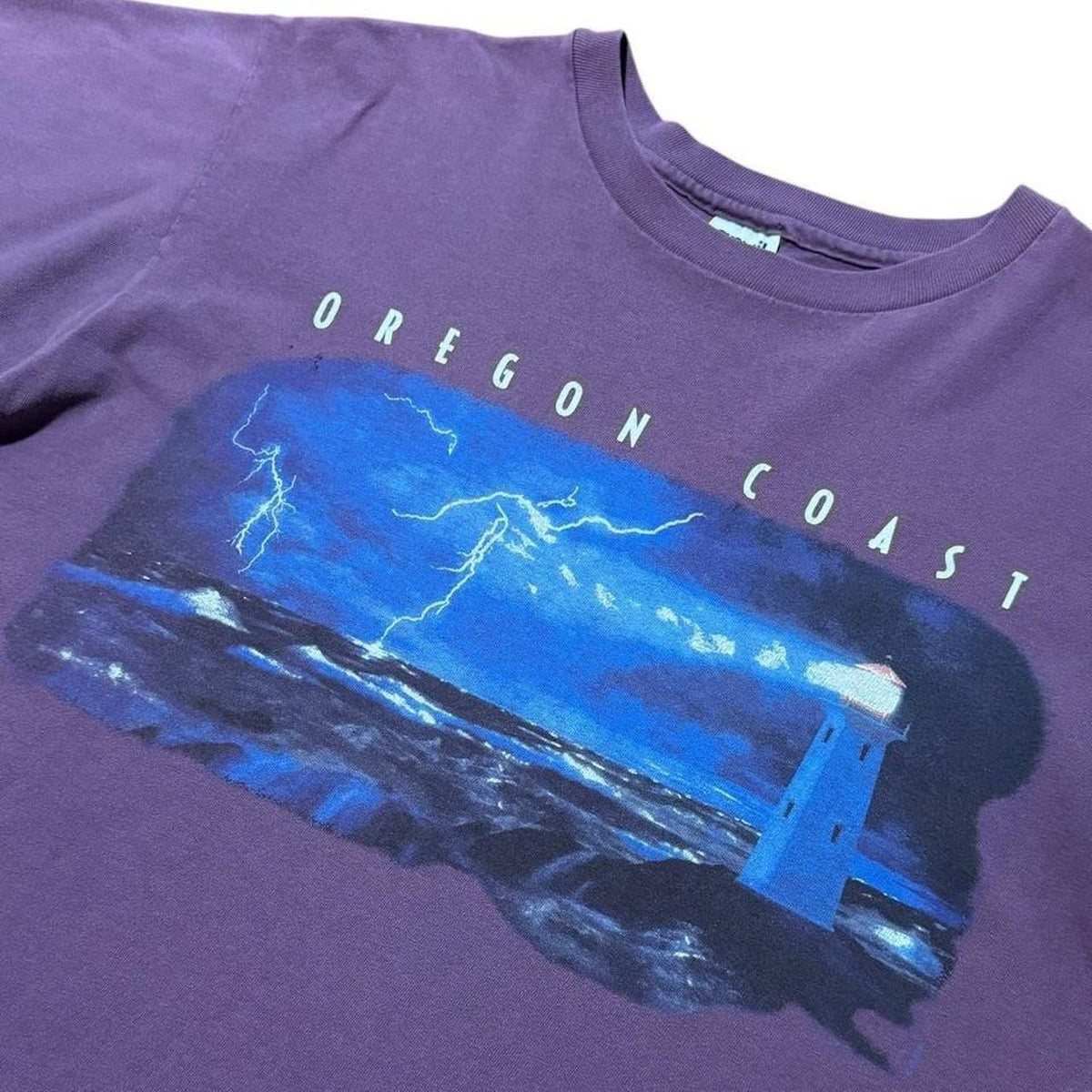 90s Oregon West Coast Lighthouse Lightning Storm Ocean Graphic T-shirt