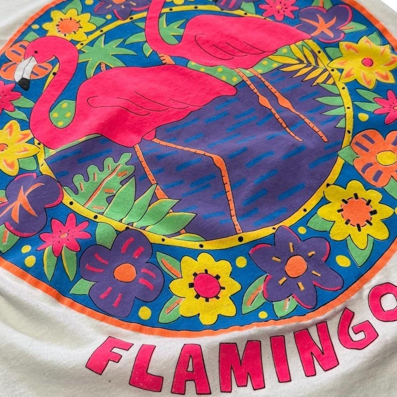 90s Flamingo Bay Puff Print Floral Hippie Nature Animal Graphic T-shirt