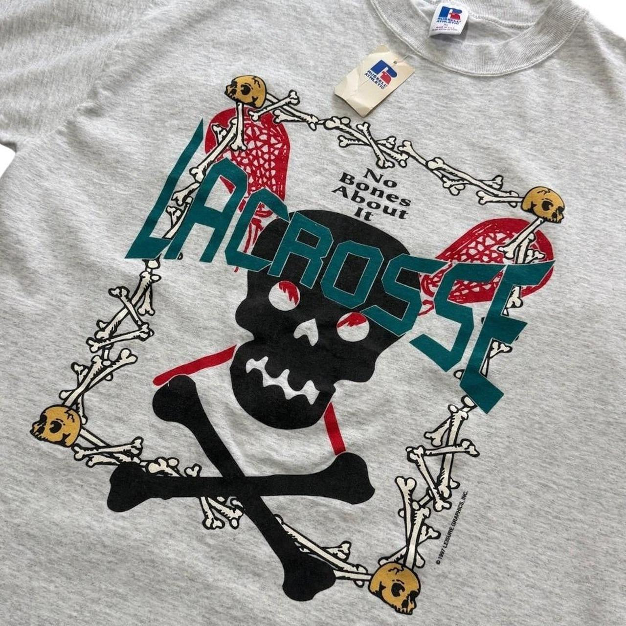 90s Deadstock Lacrosse Skull Cross Bones Sports Graphic Art NWT T-Shirt