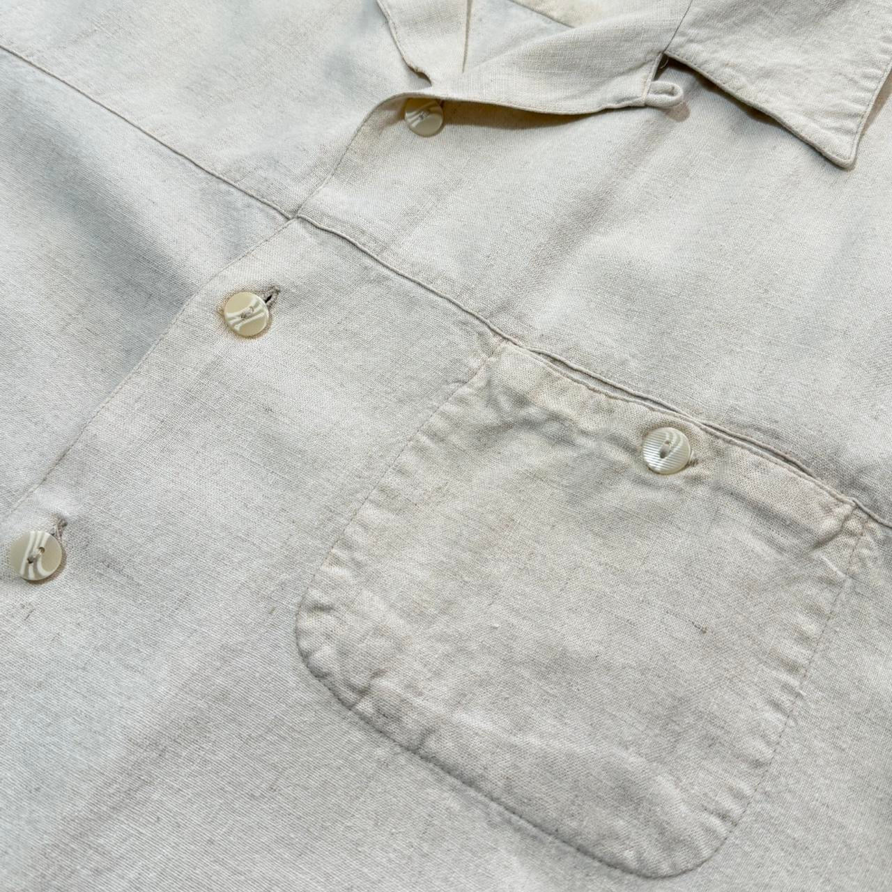 Vintage Beige Cream Linen Button Up Natural Light Button Up Dress Shirt