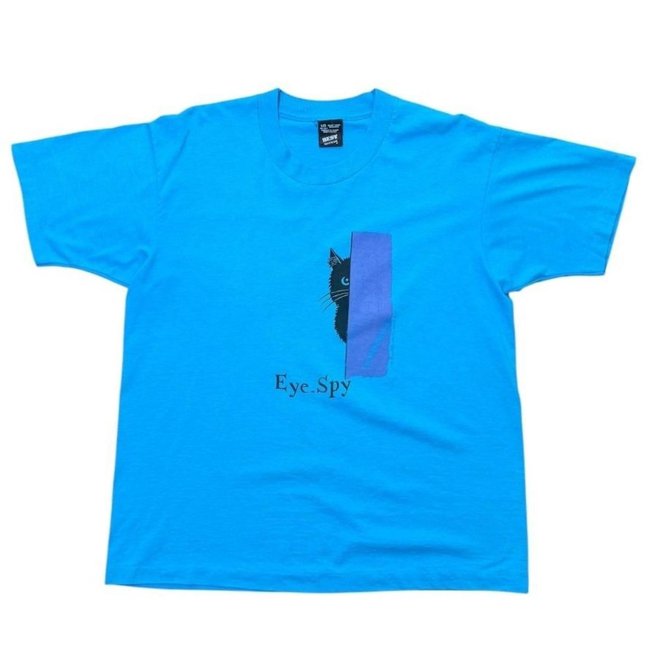 90s Eye Spy Black Kitty Cat Cute Animal Art Baby Blue Graphic T-shirt