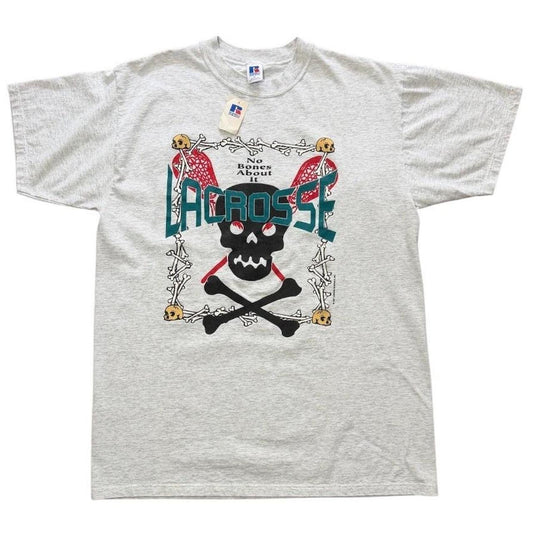 90s Deadstock Lacrosse Skull Cross Bones Sports Graphic Art NWT T-Shirt