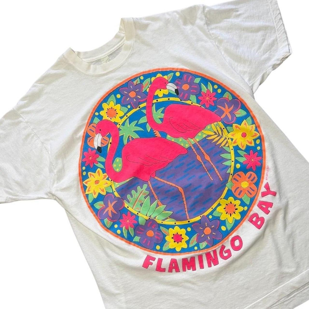 90s Flamingo Bay Puff Print Floral Hippie Nature Animal Graphic T-shirt