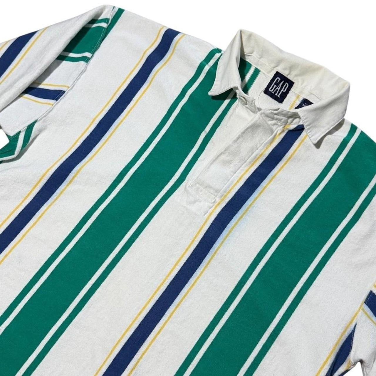 90s Gap Vertical Striped Rugby Polo Green Blue White Long Sleeve Shirt