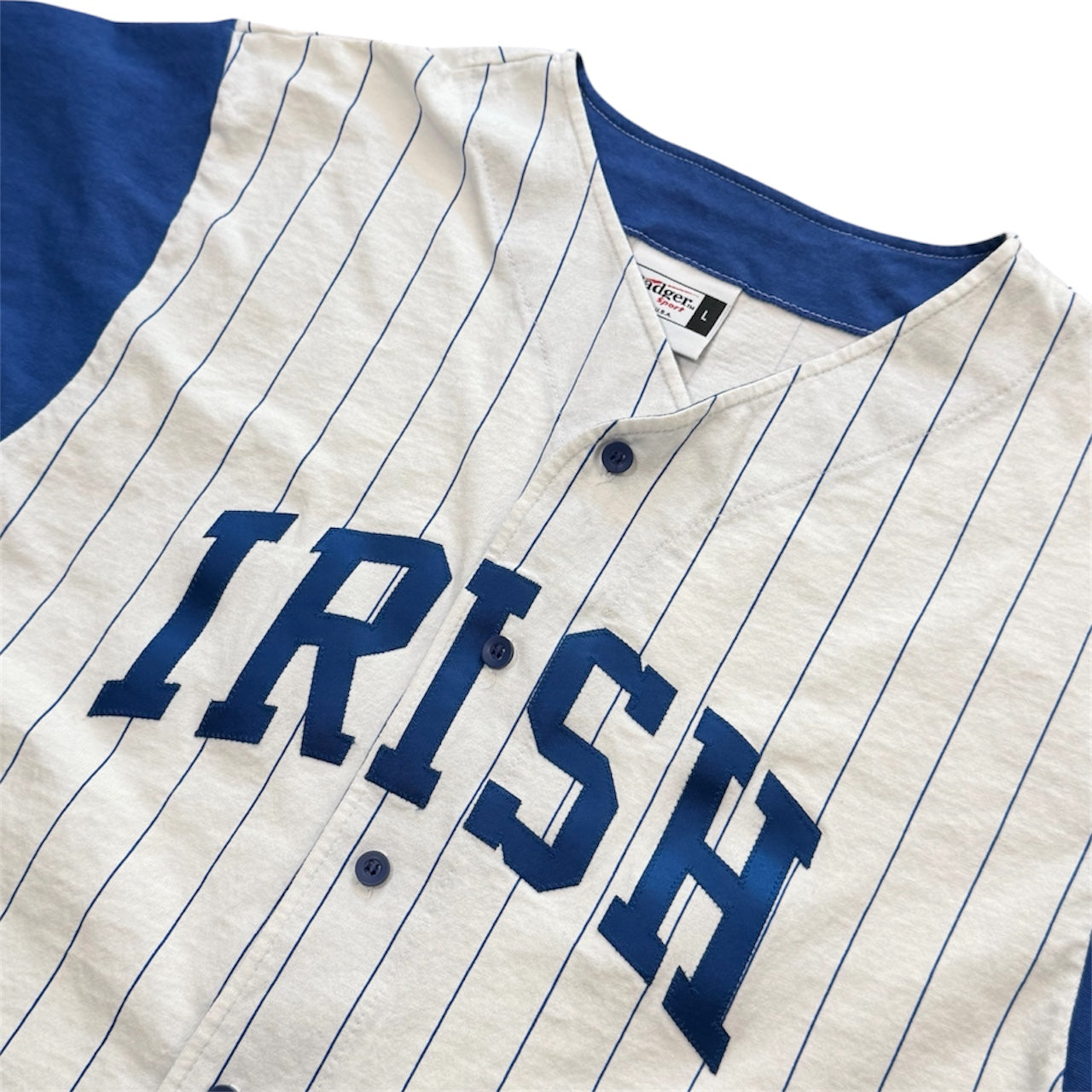 Vintage 90s Badger Sport Irish Baseball Blue White Pinstripe Jersey USA Large