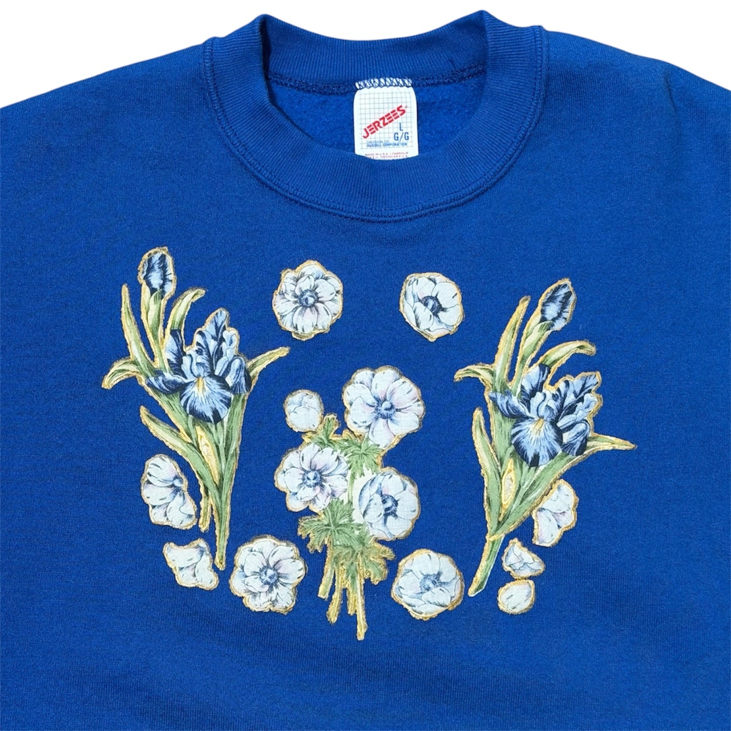80s Blue Floral Flowers Nature Graphic Embroidered Crewneck Sweatshirt