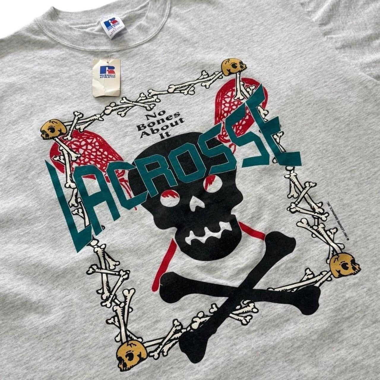 90s Deadstock Lacrosse Skull Cross Bones Sports Graphic Art NWT T-Shirt