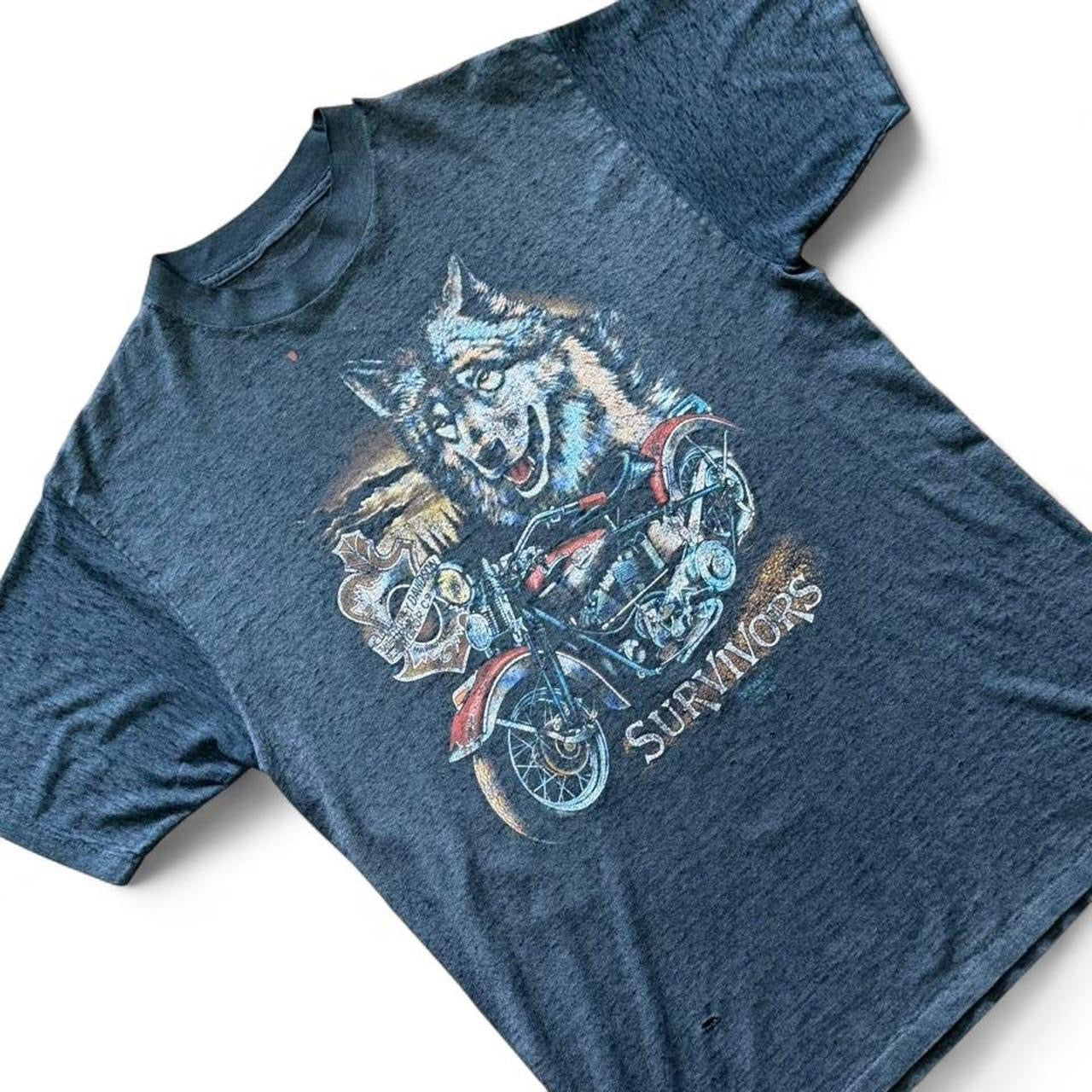 Vintage ‘89 3D Emblem Harley Davidson Survivors Wolf Biker Motorcycle T-shirt