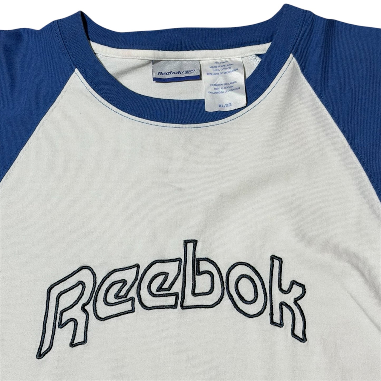 Y2K Reebok White Blue Embroidered Spellout Logo Raglan Baseball T-Shirt
