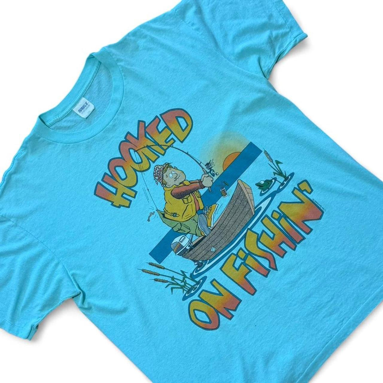 Vintage 80s Hooked On Fishing Funny Humour Joke Novelty T-shirt