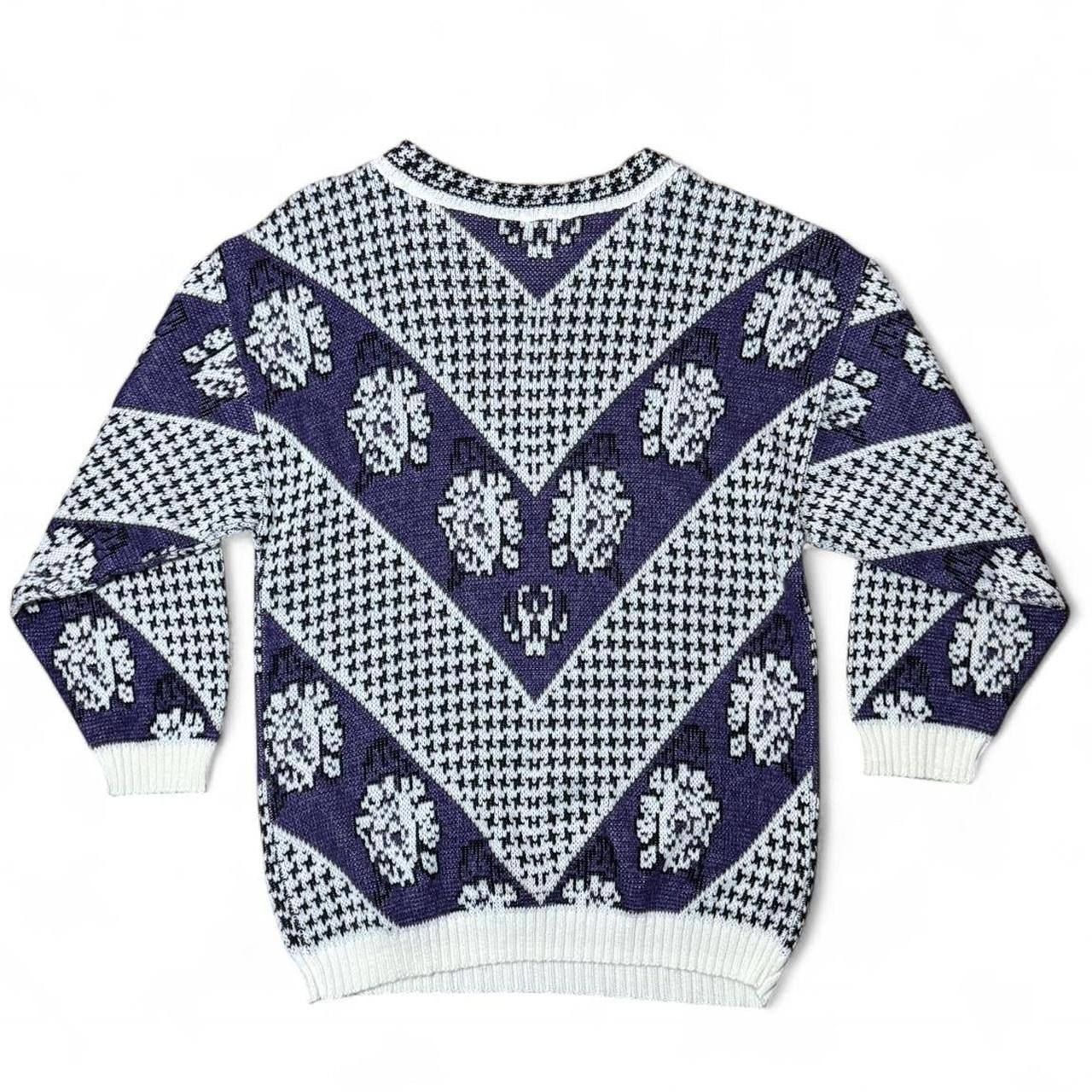 90s Purple Floral Acrylic Knit Retro Grandma 3/4 Sleeve Sweater