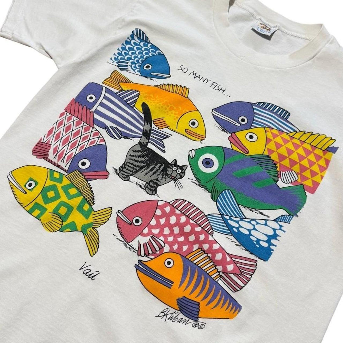 90s Crazy Shirts B. Kliban Cat So Many Fish Nature Art Graphic T-shirt