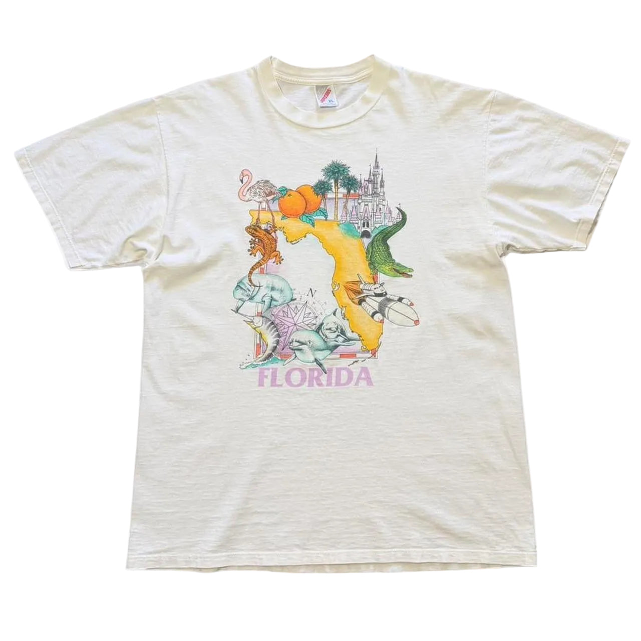 Vintage 90s Florida Orange State Dolphin Map Disney Nature Art Graphic T-shirt