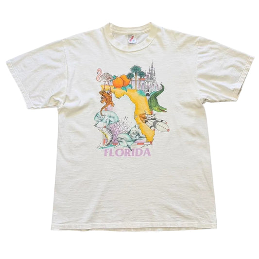 Vintage 90s Florida Orange State Dolphin Map Disney Nature Art Graphic T-shirt