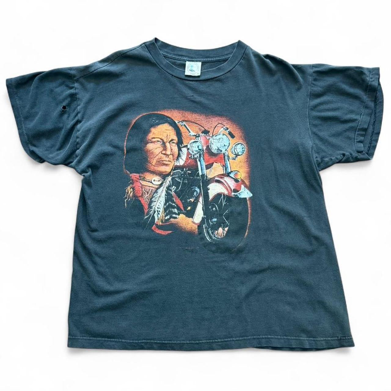 90s Aboriginal Native Chief Motorcycle Biker Distressed Faded T-shirt