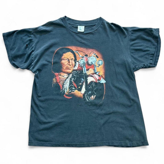 90s Aboriginal Native Chief Motorcycle Biker Distressed Faded T-shirt