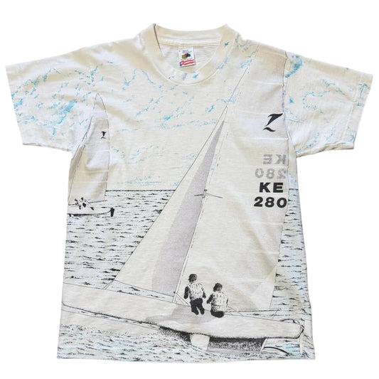 Vintage 90s AOP Sailing Boat Ocean Water Yacht Ship Nature Graphic T-shirt
