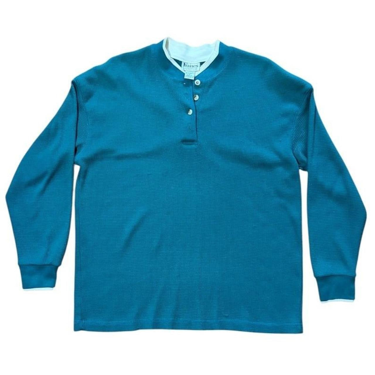 90s Teal Waffle Knit Henley Floral Trim Layer Collar Thermal Long Sleeve