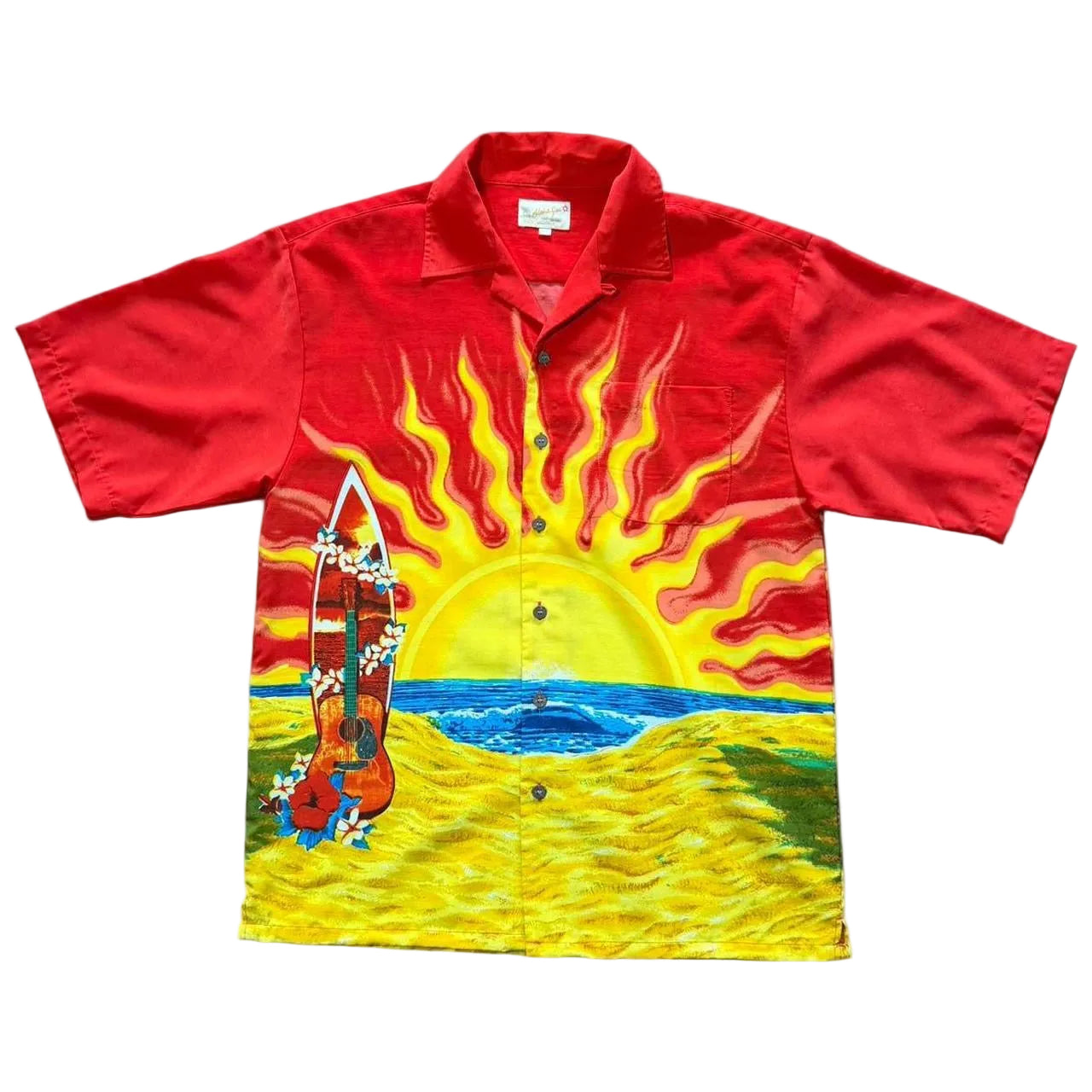 Vintage 90s Red Hawaiian Aloha Surf Button Up AOP Graphic Beach Shirt