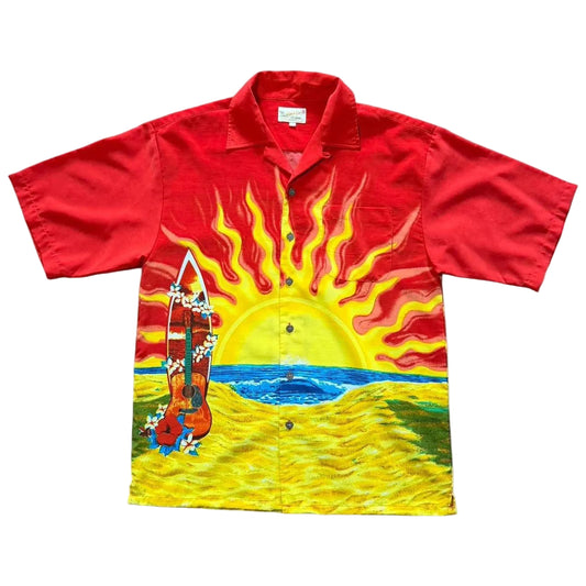 Vintage 90s Red Hawaiian Aloha Surf Button Up AOP Graphic Beach Shirt