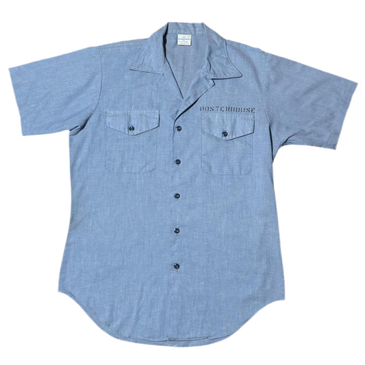 1980s Navy Crew Utility Uniform Button Up Chambray Shirt