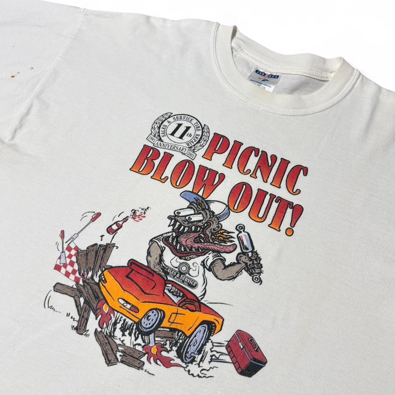 2002 Rat Fink Picnic Blowout Graphic Auto Shop Mechanic Tee