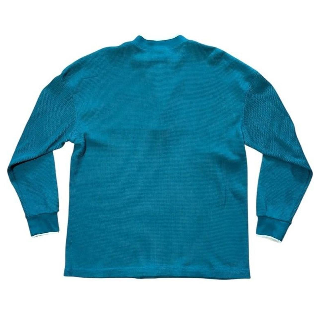 90s Teal Waffle Knit Henley Floral Trim Layer Collar Thermal Long Sleeve