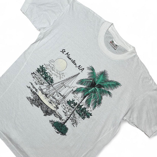 1980s St. Maarten Tropical Palm Tree Ocean Beach Graphic Souvenir Tee