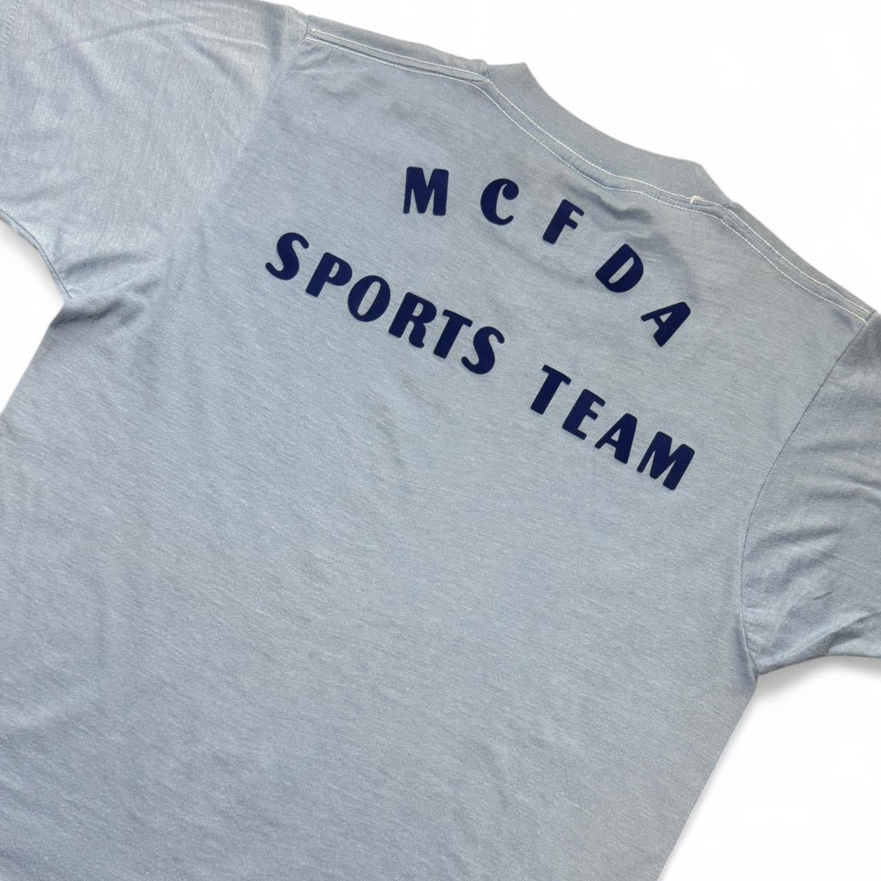 70s Baby Blue Felt Print MCFDA Sports Team Firefighters Joyce Tee