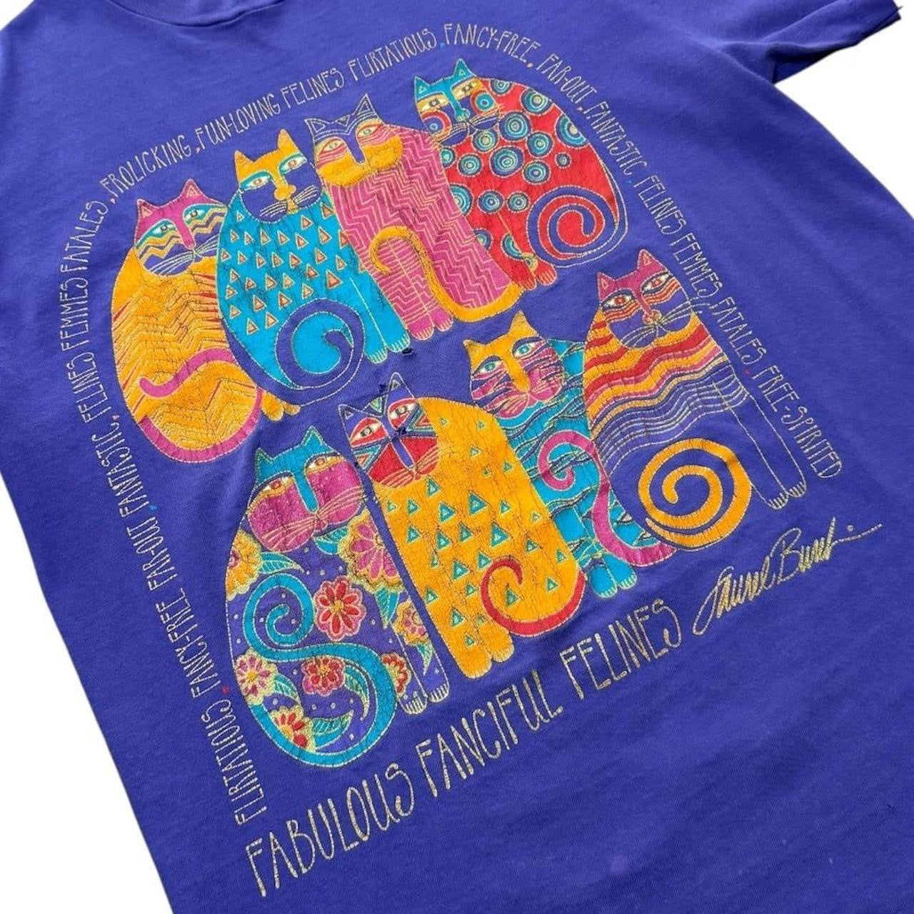 90s Cat Felines Kitty Glitter Laurel Burch Abstract Graphic Art T-shirt