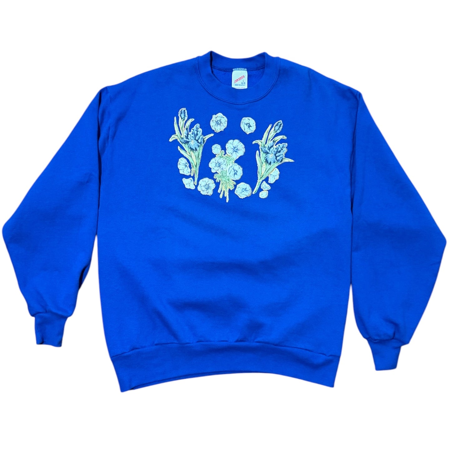 80s Blue Floral Flowers Nature Graphic Embroidered Crewneck Sweatshirt