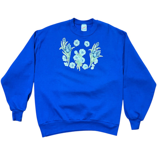 80s Blue Floral Flowers Nature Graphic Embroidered Crewneck Sweatshirt