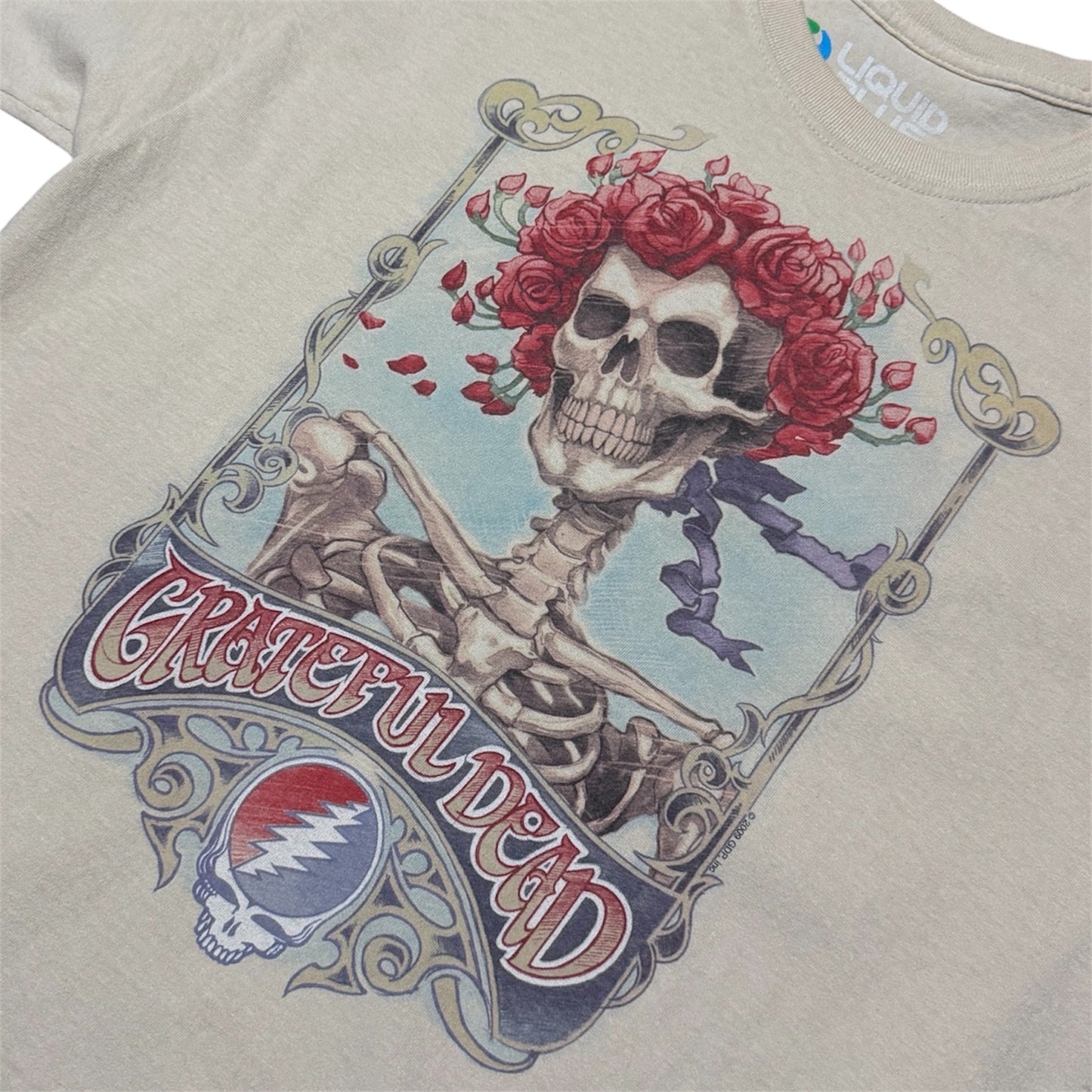 Y2K Liquid Blue Grateful Dead Bertha Skull Roses Graphic Band T-Shirt