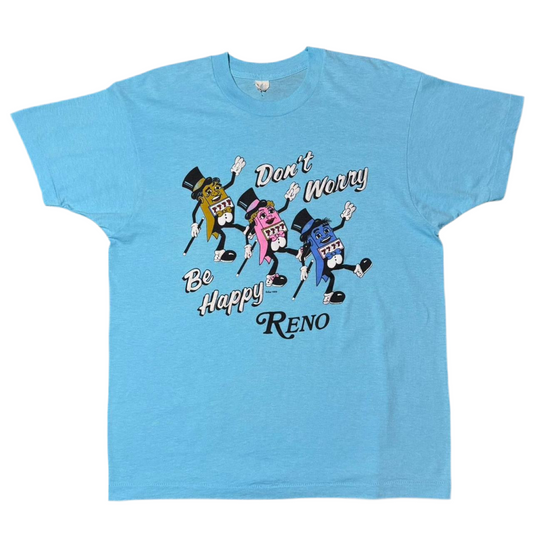 1989 Baby Blue Reno Nevada Don’t Worry, Be Happy Gambling Slots Machine Souvenir Tee