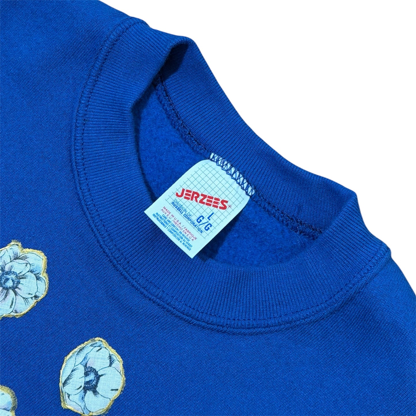 80s Blue Floral Flowers Nature Graphic Embroidered Crewneck Sweatshirt