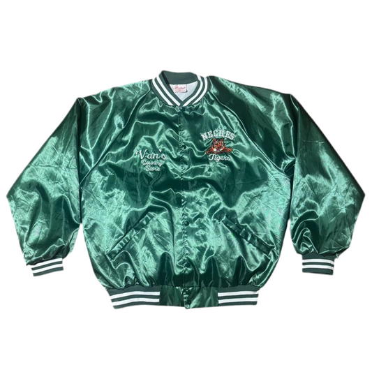 80s Green Satin Neches Tigers Varsity Bomber Jacket