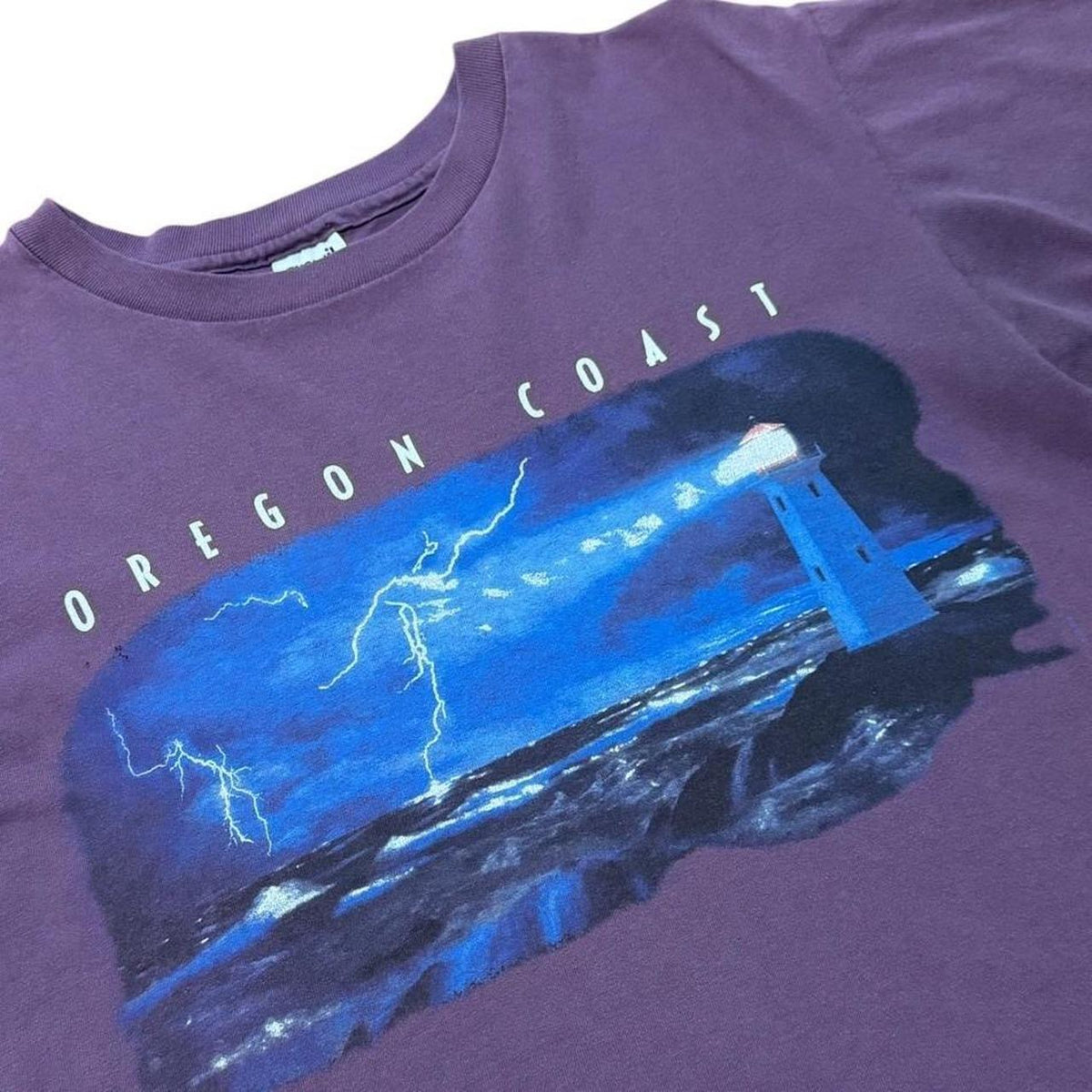 90s Oregon West Coast Lighthouse Lightning Storm Ocean Graphic T-shirt