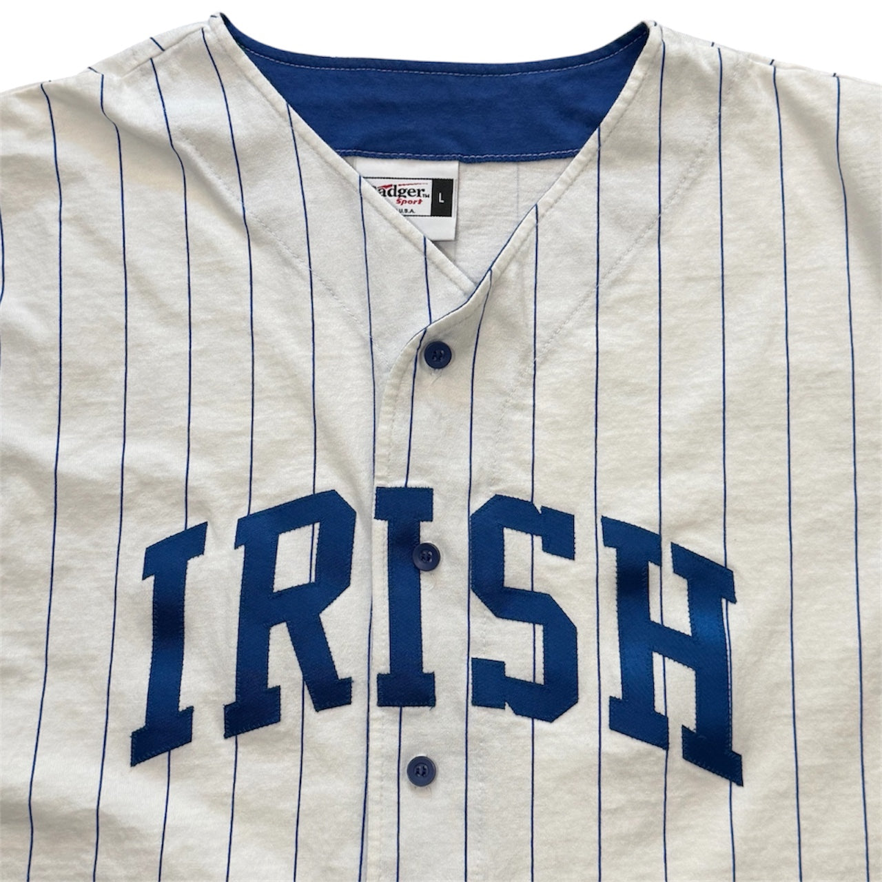 Vintage 90s Badger Sport Irish Baseball Blue White Pinstripe Jersey USA Large